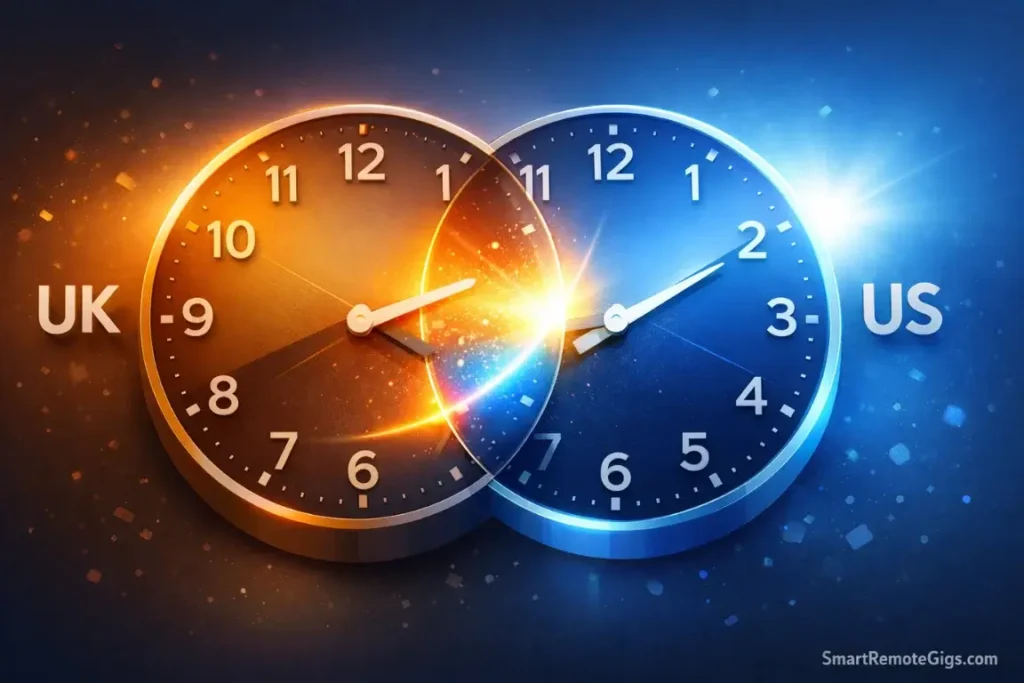 Overlapping clock dials showing the shared working hours between the UK and US.