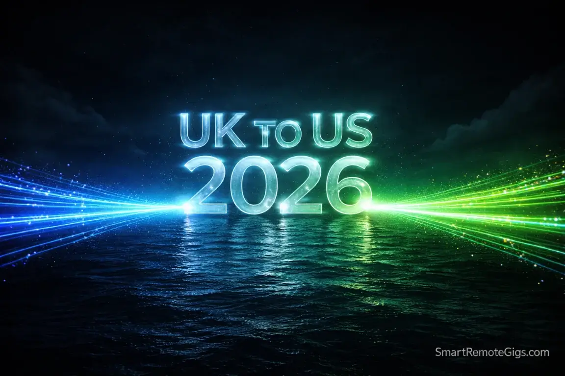 A glowing digital data stream connecting the UK and US, representing remote work arbitrage.