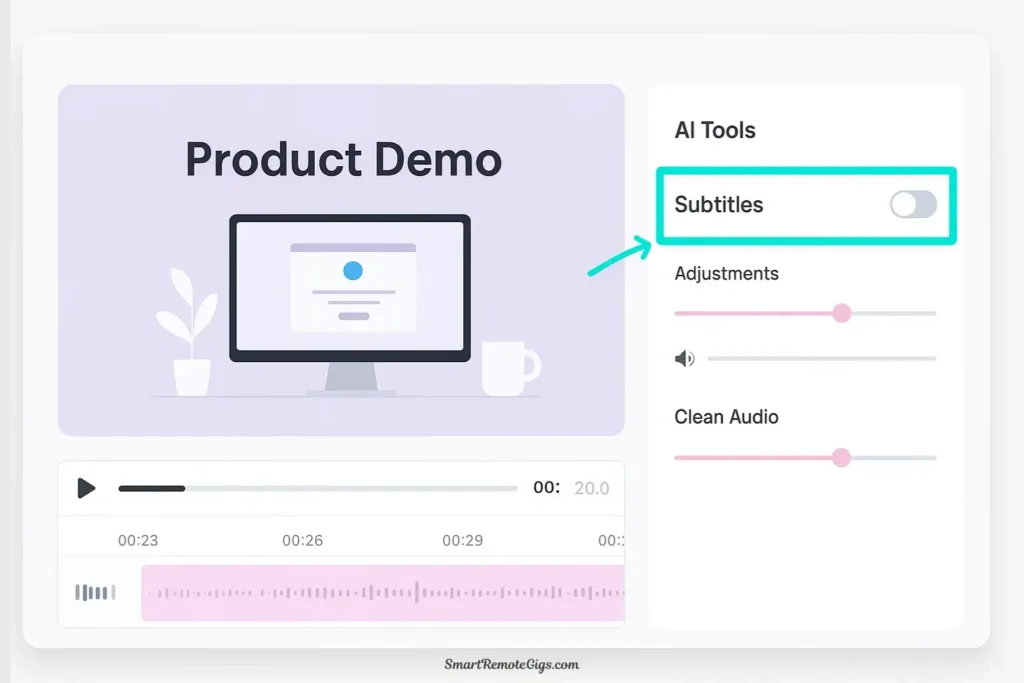 A screenshot of the Veed.io editor being used to create a product demo video, highlighting its AI-powered auto-subtitle and audio cleaning features.