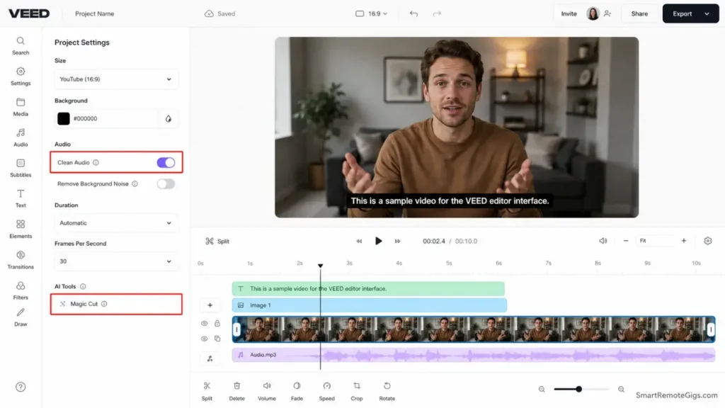 Screenshot of the Veed.io video editor highlighting the Magic Cut and Clean Audio features for SaaS product demos.