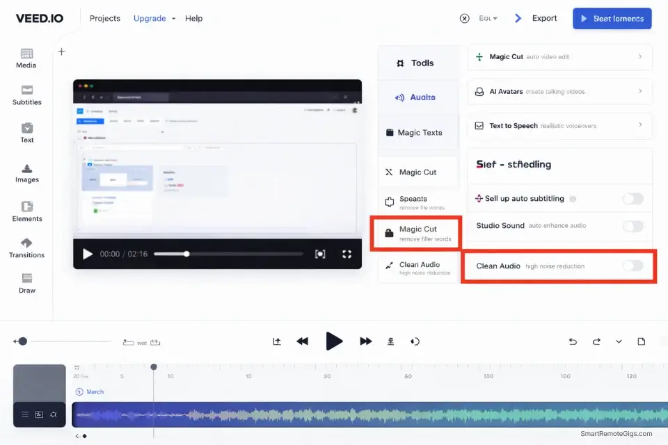 Veed.io video editor interface highlighting the Magic Cut and Clean Audio AI features used for SaaS tutorials.