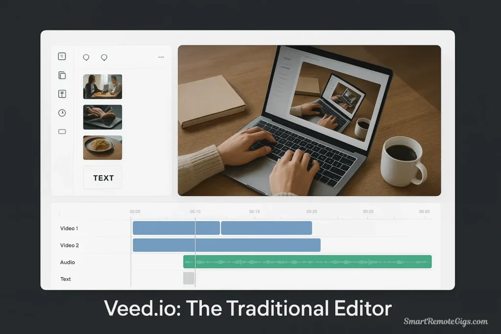 A screenshot of the Veed.io user interface, showing its clean, traditional multi-track timeline and organized tool panels.