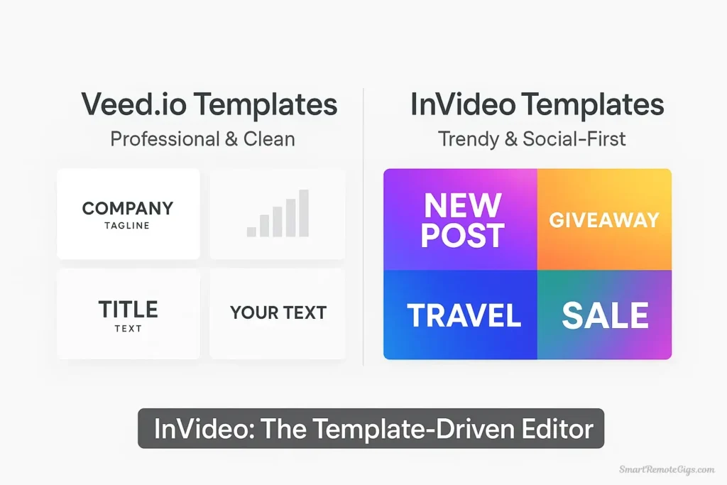 A side-by-side comparison of video templates from Veed.io and InVideo, showing Veed's professional style vs. InVideo's trendy social media style.