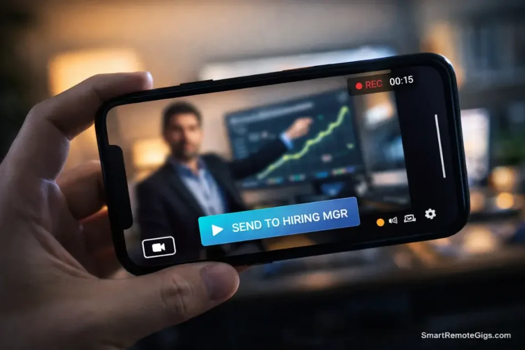 A smartphone recording interface showing a video cover letter being sent to a hiring manager.
