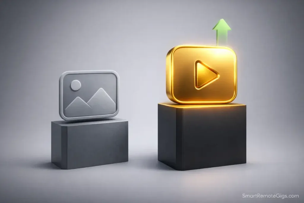 A visual comparison showing a gold play button outranking a grey image post, symbolizing the higher pay for video skills.