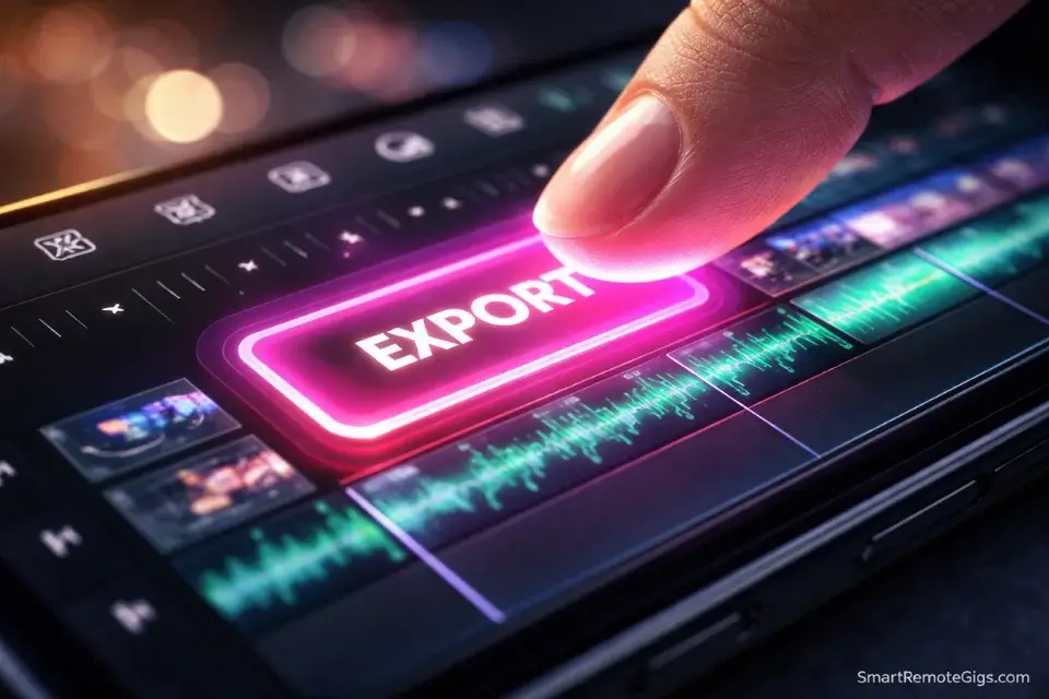 A close-up of a video editing app hitting the export button, representing the viral video project.