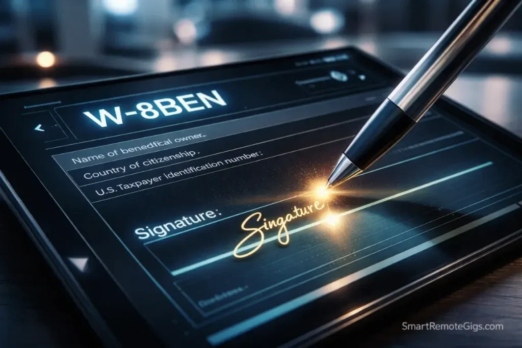 A digital W-8BEN tax form being signed, representing the legal mechanism for UK contractors working for US companies.