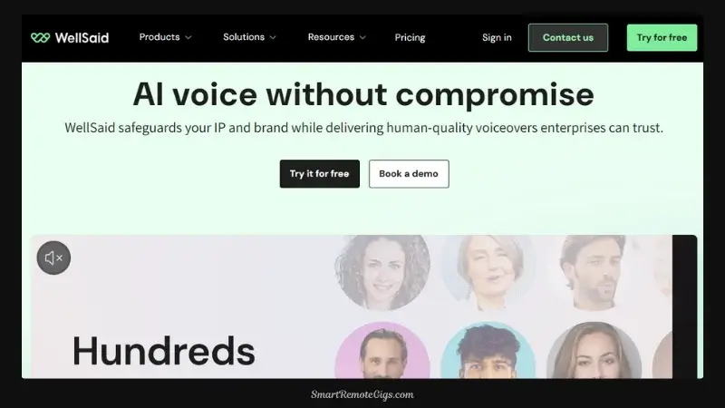 A screenshot of the WellSaid Labs Studio, showing the project-based workflow and library of professional voice avatars for enterprise content.