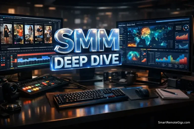 A high-tech workspace showing video editing and data analytics, representing the dual nature of a social media manager's job.