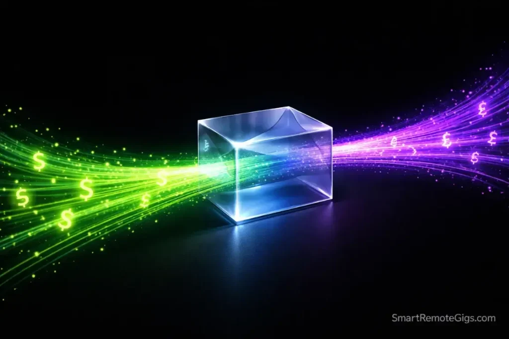 Green particles transforming into purple particles through a prism, symbolizing efficient USD to GBP currency exchange.