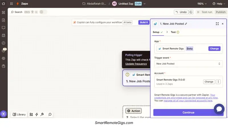 Mapping Smart Remote Gigs job details like Job Title and Date to a Slack message in Zapier.