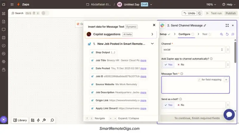 Selecting Smart Remote Gigs app and New Job Posted trigger in Zapier editor.