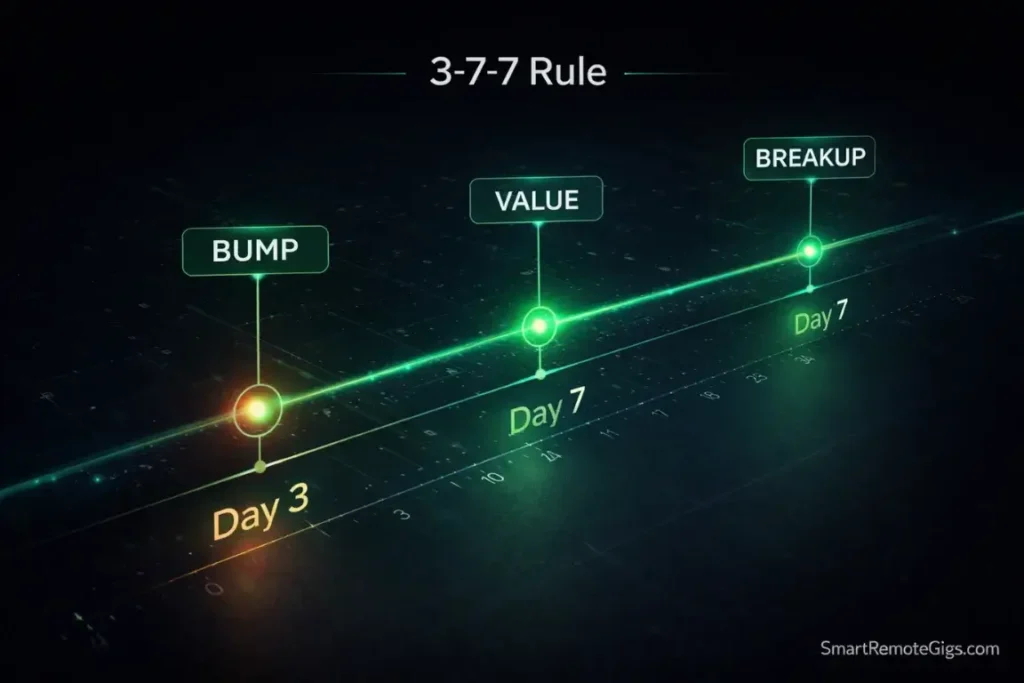 A timeline graphic visualizing the 3-day, 7-day, 7-day email follow-up cadence.