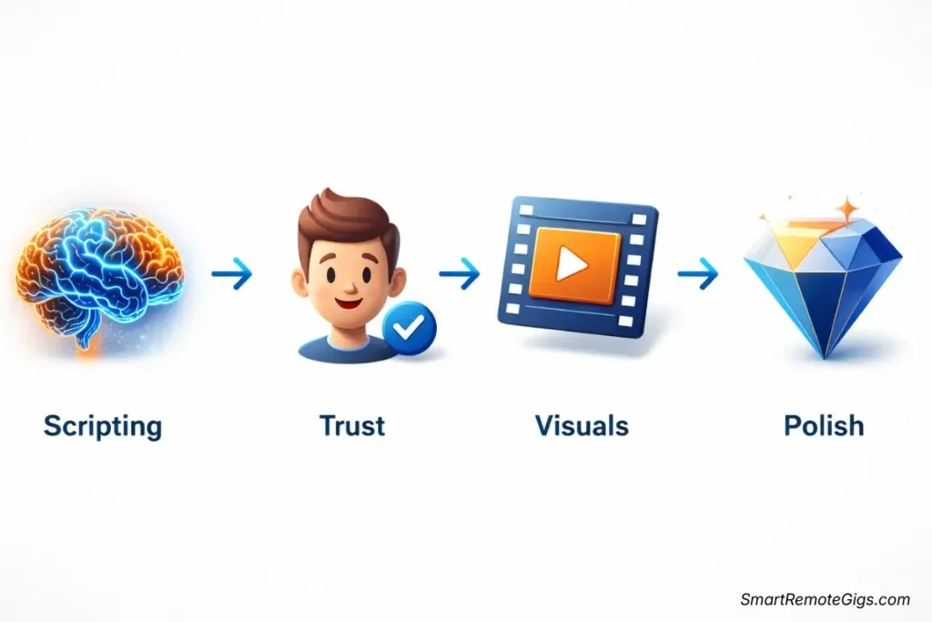 A 4-step horizontal process flowchart showing icons for Brain (Scripting), Face (Trust), Body (Visuals), and Polish (Editing).