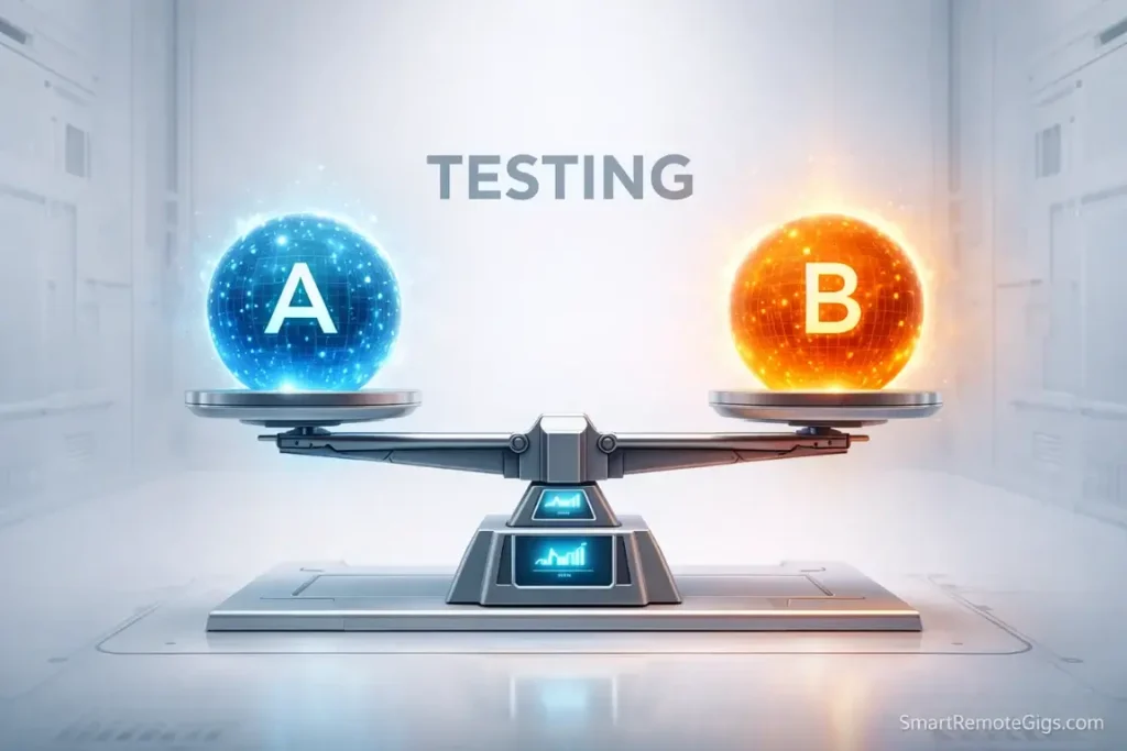 A digital scale weighing two data orbs labeled A and B, representing A/B testing email subject lines.