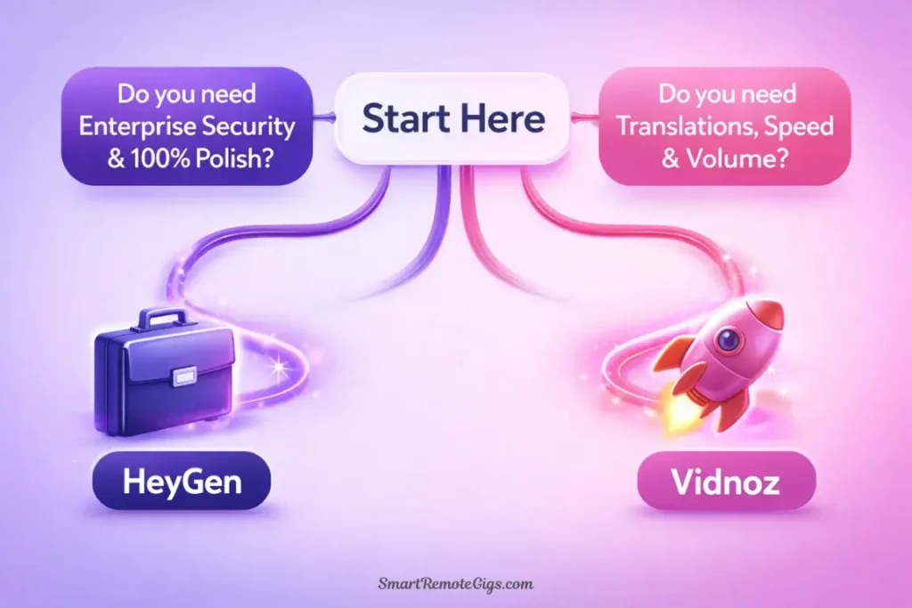 A decision tree graphic helping users choose. "Need Enterprise Polish? -> HeyGen." "Need Volume/Features? -> Vidnoz.