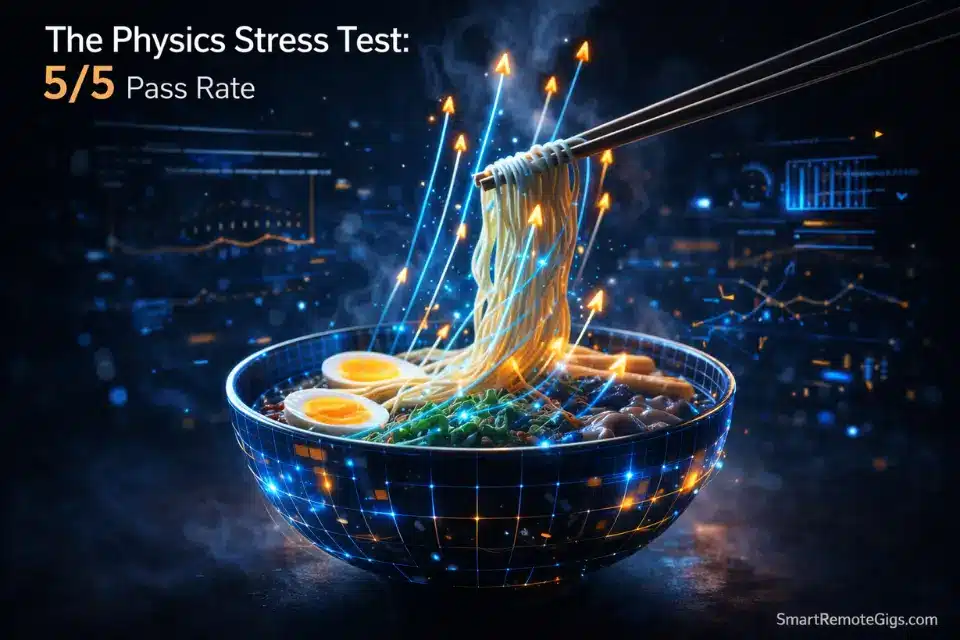 3D tech visualization showing motion tracking vectors analyzing the physics of steam and food in AI video generation.