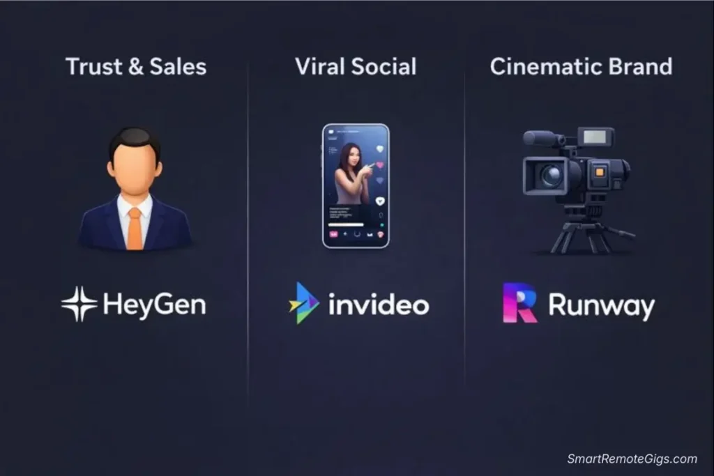 A decision matrix graphic. 'Need Trust?' leads to HeyGen logo. 'Need Viral Speed?' leads to InVideo logo. 'Need Cinematic?' leads to Runway logo.
