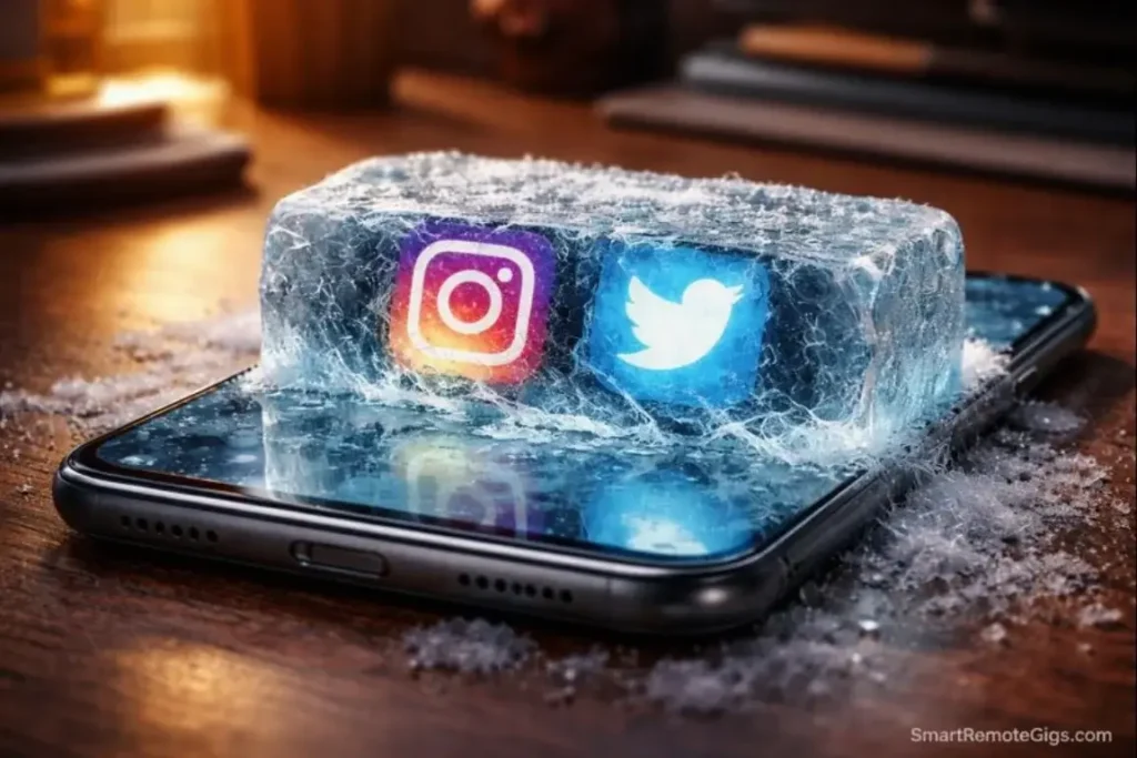 Smartphone apps frozen in a block of ice, symbolizing digital blocking tools like Cold Turkey.