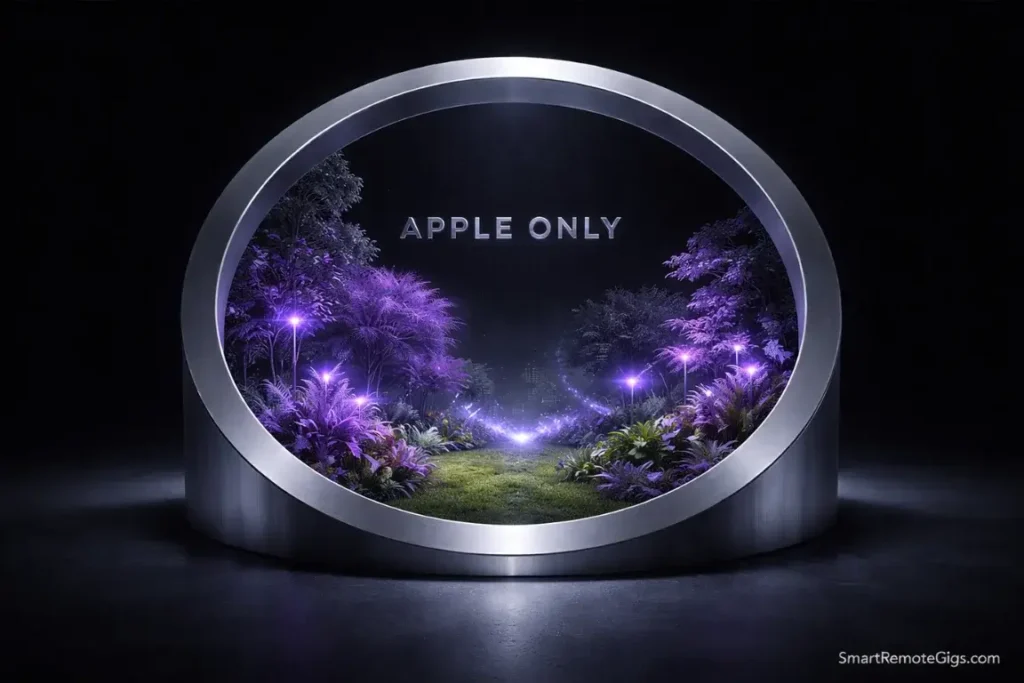 A circular aluminum wall containing a lush tech garden, representing the exclusive Apple ecosystem.