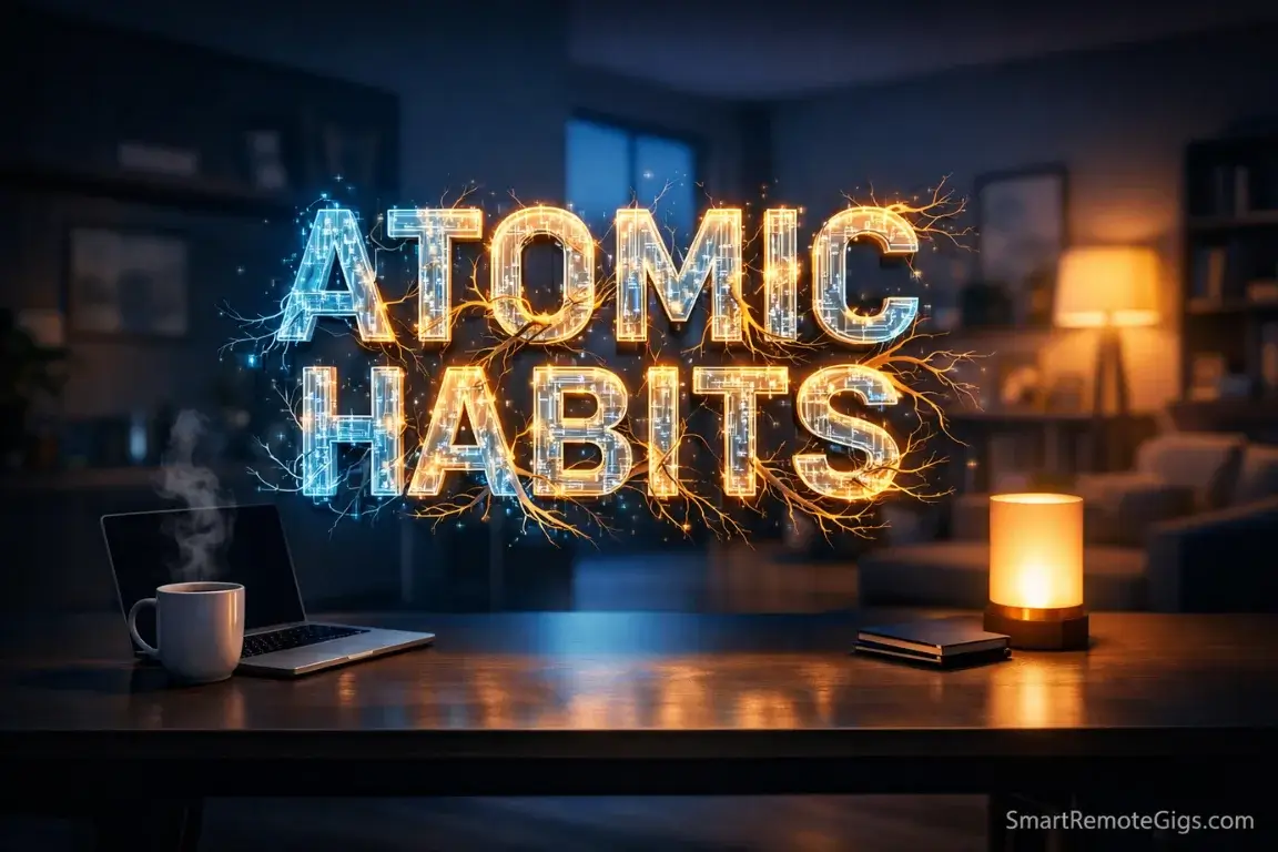 A 3D title reading Atomic Habits floating over a minimalist remote work setup.