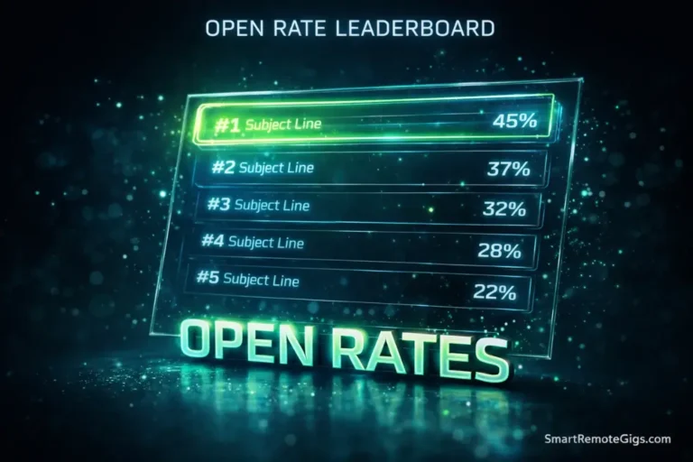 A futuristic holographic leaderboard showing ranked email subject lines, with the top one glowing green.