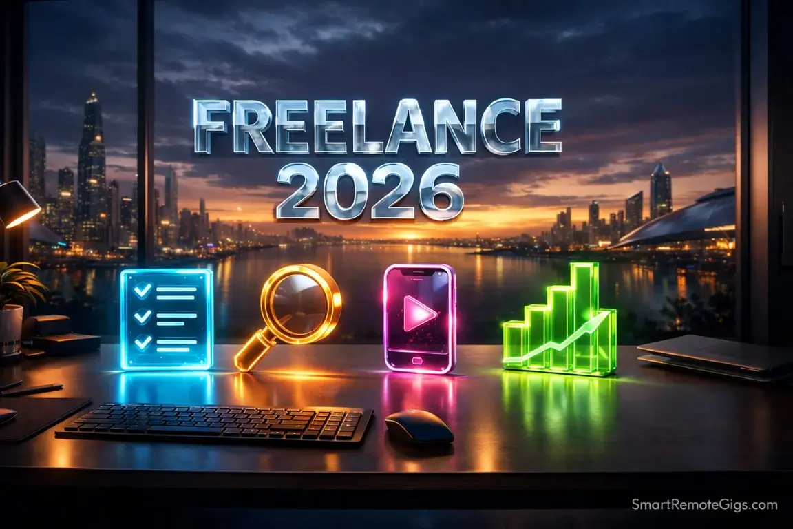 A futuristic desk with four glowing icons representing virtual assistance, proofreading, social media, and bookkeeping, with the text Freelance 2026.