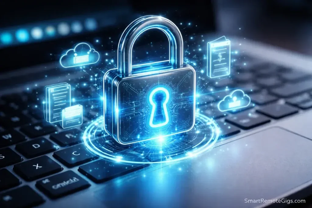 A holographic digital lock and cloud icons, representing the secure tech stack of a remote bookkeeper.