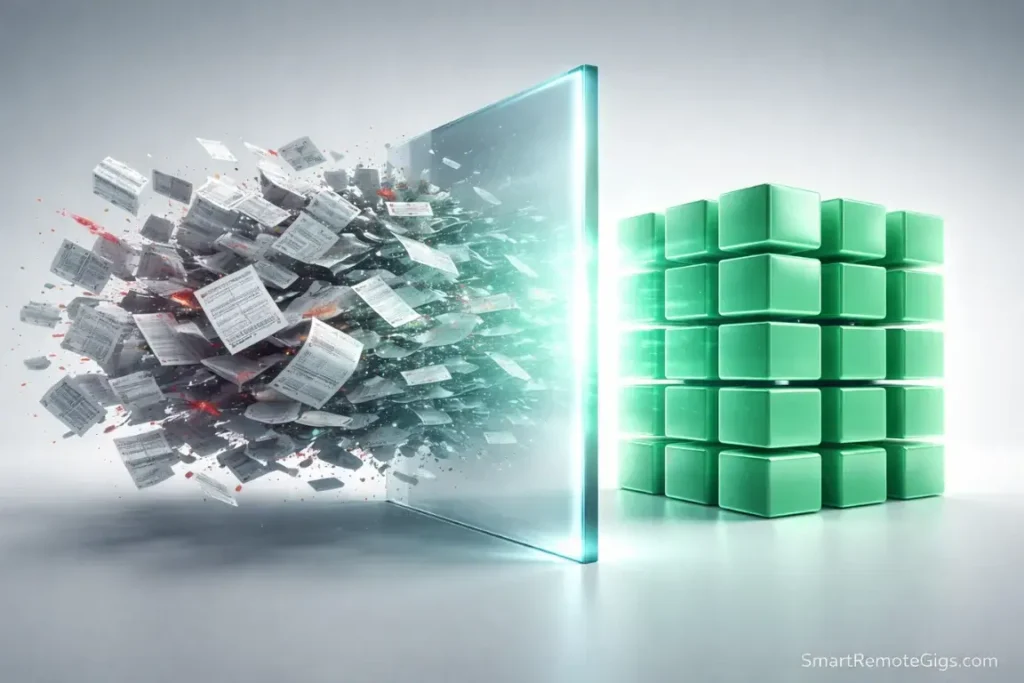 Abstract visualization of chaotic shapes being sorted into neat green stacks, representing the bookkeeping process.