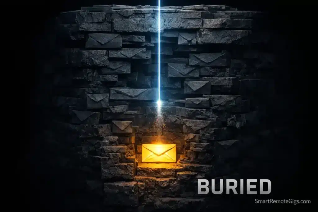 A glowing golden email buried under a massive stack of grey digital envelopes, illustrating that ignored emails are usually just lost, not rejected.