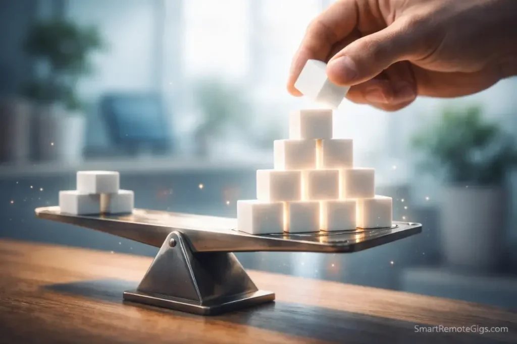 A visualization of stacking small habits like building blocks or casting votes on a scale.