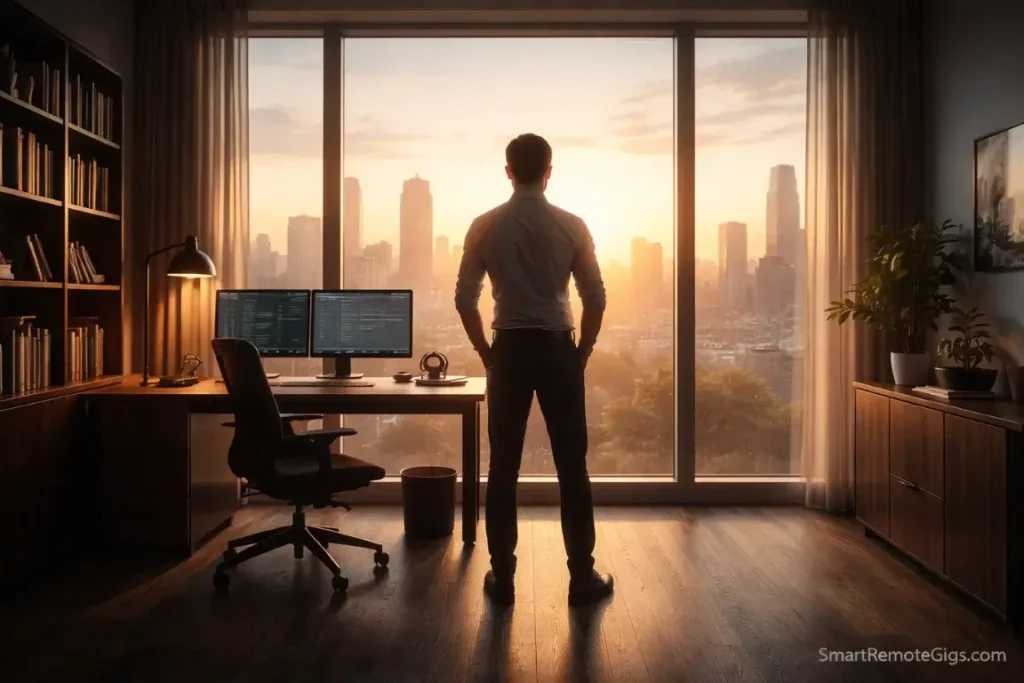 A confident remote worker in a clean home office, embodying the CEO of One mindset.