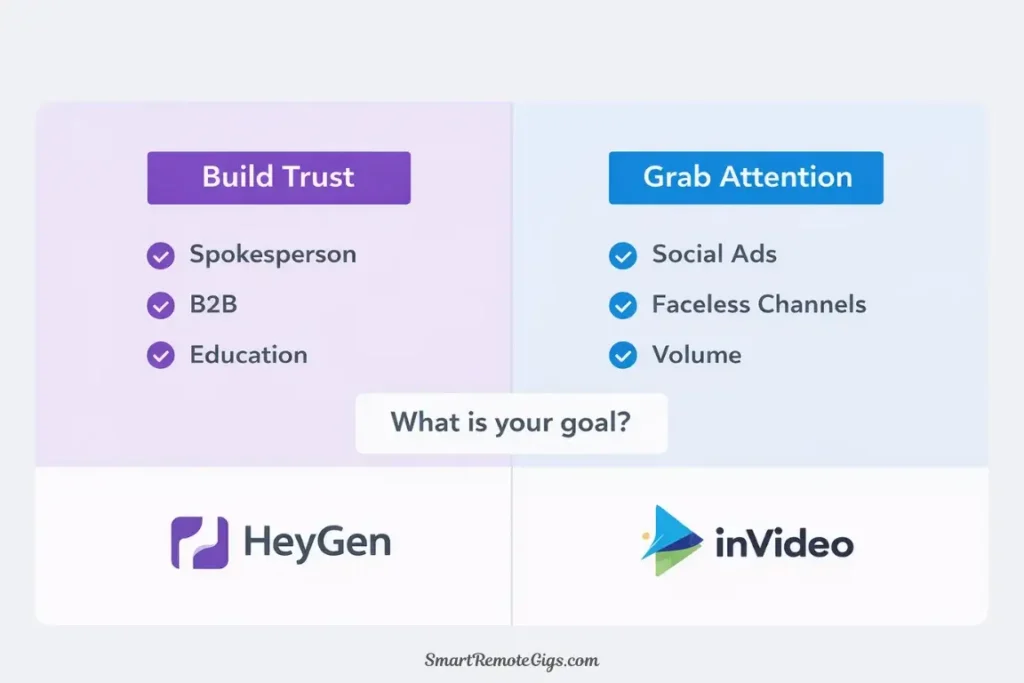 A split-card graphic. Left side: "Choose HeyGen for Trust, Education, Sales." Right side: "Choose InVideo for Viral Reach, Ads, Volume."