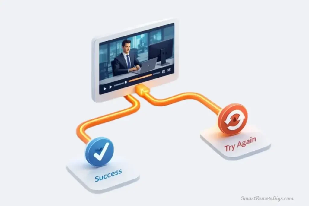 A 3D isometric illustration of a video player splitting into two distinct paths (Option A and Option B), representing branching scenarios in corporate training.