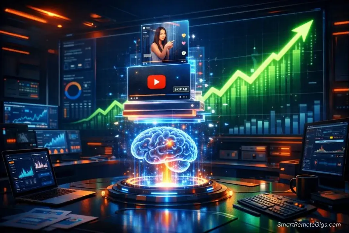 A futuristic marketing command center showing AI bots generating video ads on screens, with a large graph showing skyrocketing sales and conversion rates.
