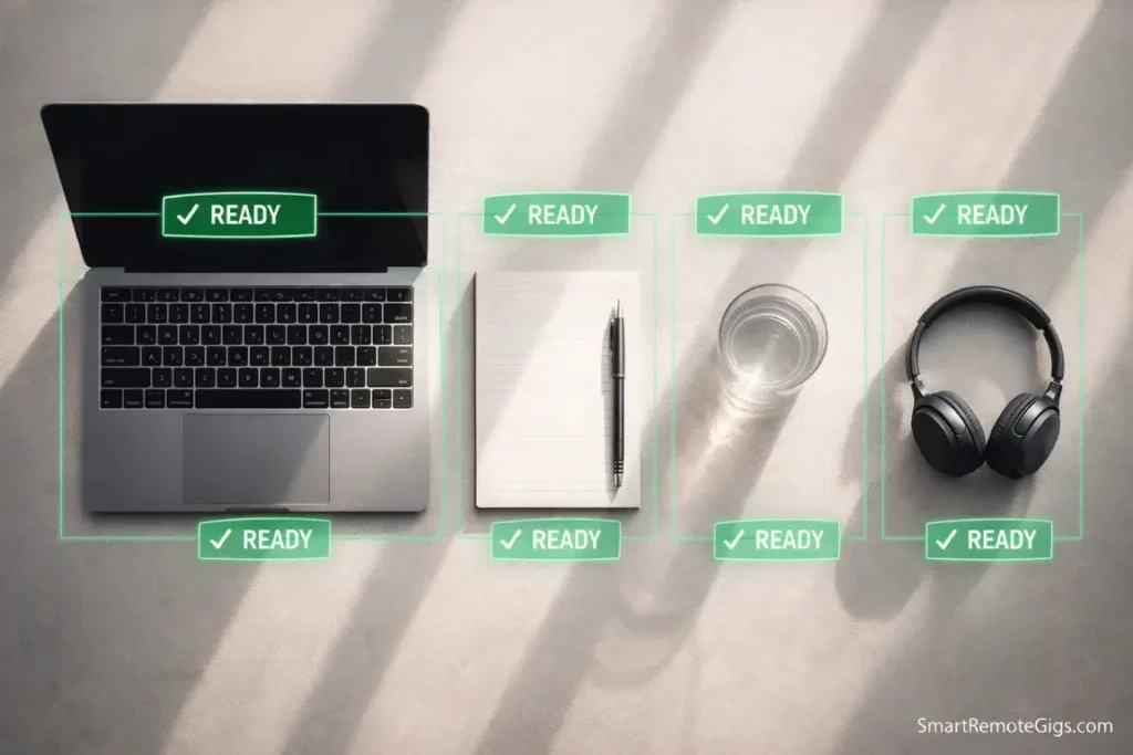 A perfectly organized desk setup (knolling style) representing the mise-en-place concept for remote work.