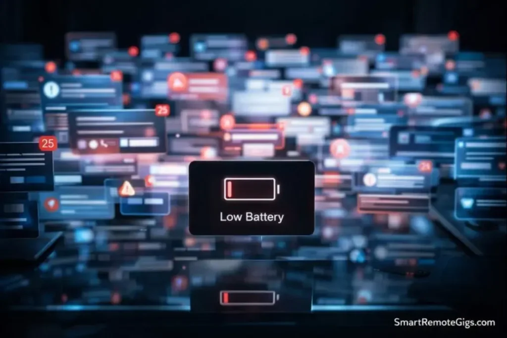 A visualization of mental overload showing floating holographic browser tabs and notifications cluttering a workspace.