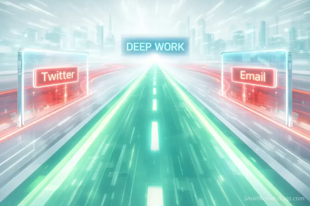 A digital highway illustrating the concept of removing friction for work and blocking distractions.