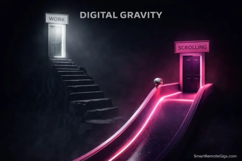A visual metaphor showing Work as an uphill climb and Scrolling as a slippery downhill slide.