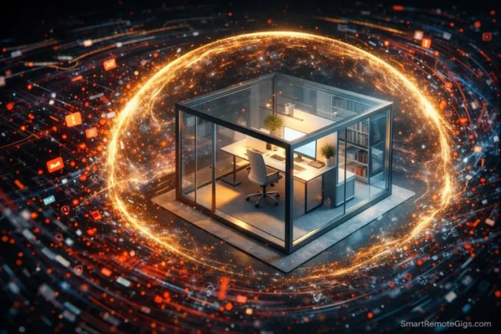 A calm workspace protected by a forcefield from a storm of digital distractions.