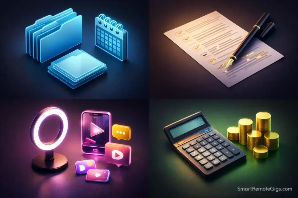 Isometric view of freelance tools arranged in four groups: organization, writing, social media, and finance.