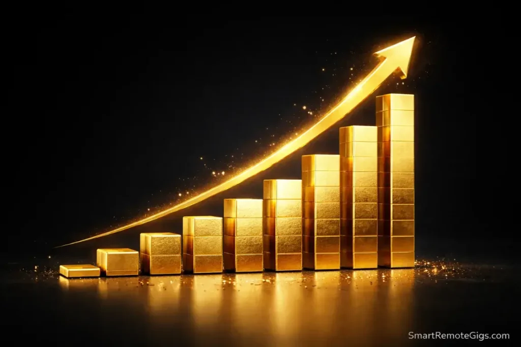 A rising gold bar chart symbolizing the income potential of scaling a bookkeeping business.