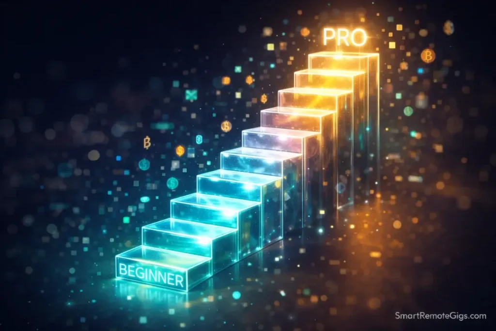 A glowing staircase representing salary growth from beginner freelancer to professional expert.