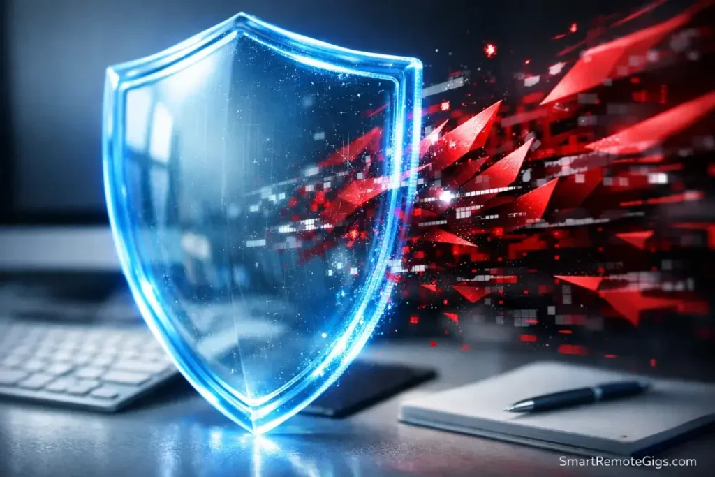A blue digital shield blocking red malicious glitch shapes, symbolizing protection against freelance scams.