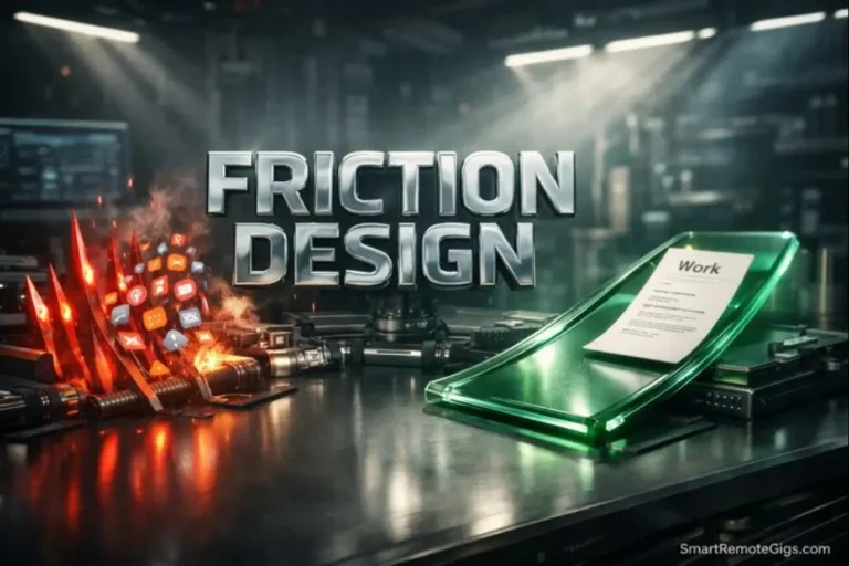 A 3D illustration of a digital workspace where distractions are blocked by spikes and work slides on a smooth ramp.