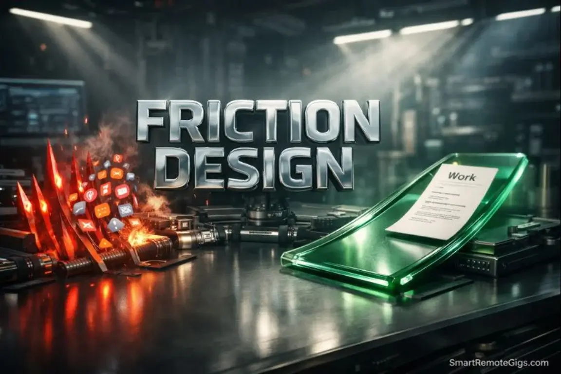 A 3D illustration of a digital workspace where distractions are blocked by spikes and work slides on a smooth ramp.