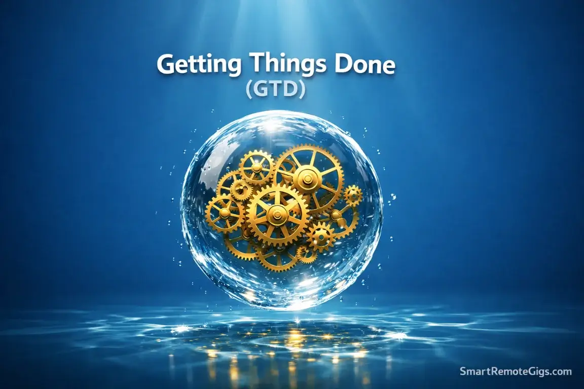 A suspended sphere of water containing smooth gears, symbolizing the Mind Like Water state of GTD.