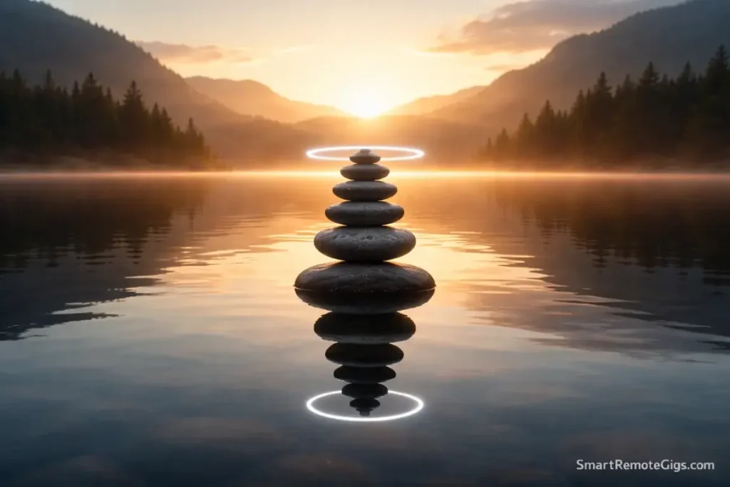 A zen rock stack on a calm lake with a futuristic halo, symbolizing the clarity of a GTD mind.