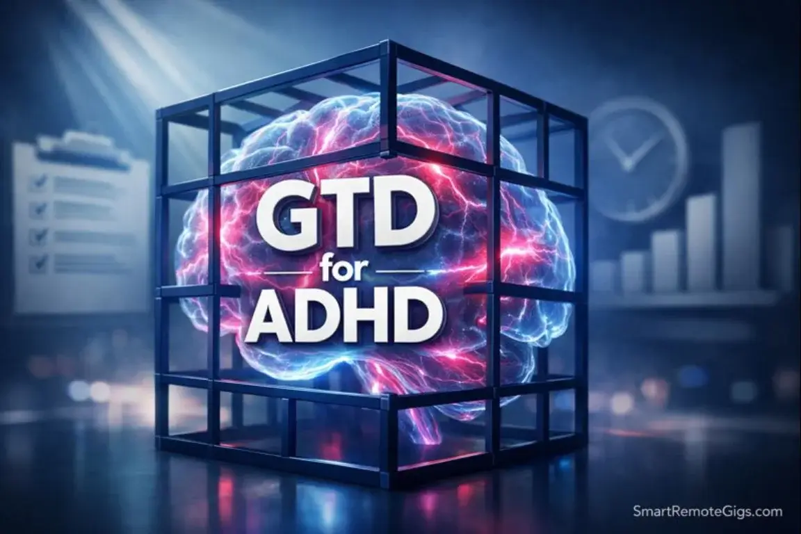 A 3D illustration of a glowing brain inside a geometric grid, illustrating the concept of GTD for ADHD brains.