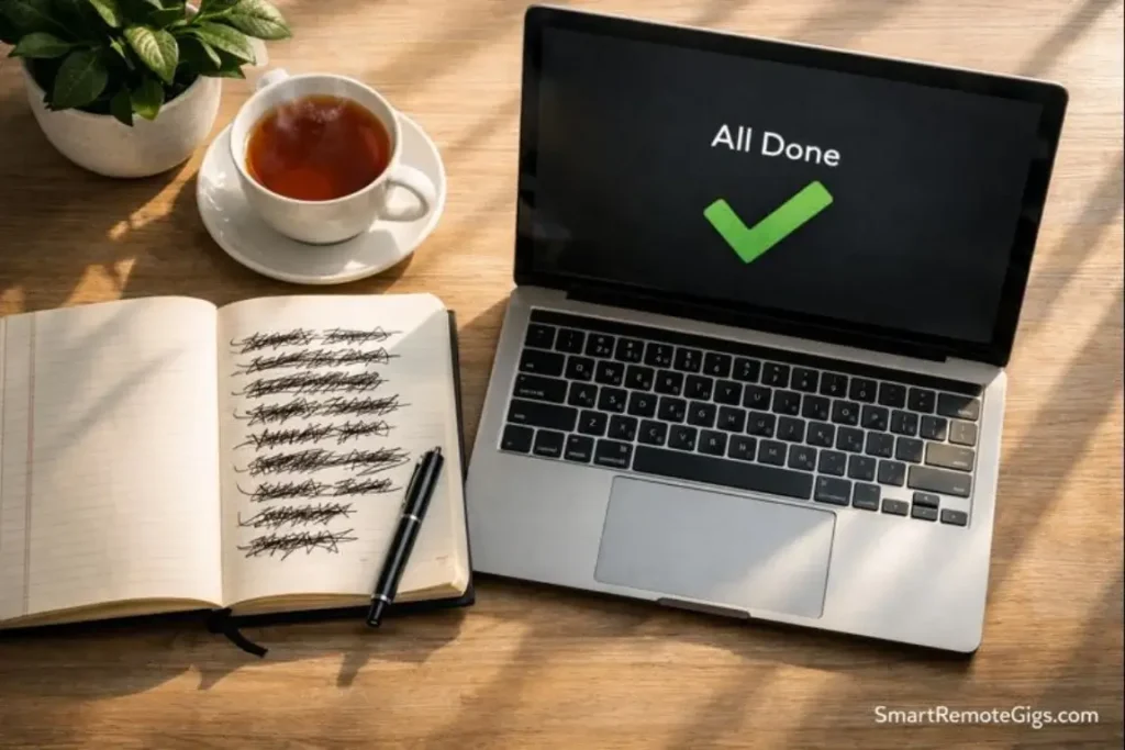 A peaceful desk setup with a crossed-out to-do list and a cup of tea, symbolizing a quiet mind.